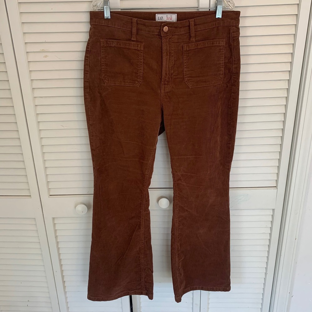 Gap 70s Flare High Rise Corduroy‎ Pants Women 32/14S Short Brown Patch Pockets